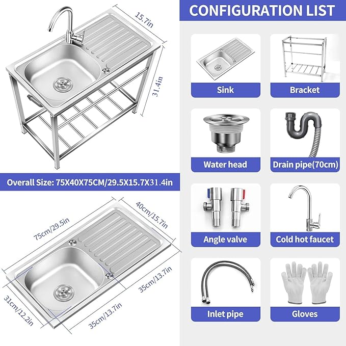 Outdoor Utility Sink,Free Standing Stainless Steel Laundry Tub, Single Bowl Portable Washing Hand Basin Station,fish Cleaning Table&Storage Shelves for Garage, Restaurant, Kitchen,Camping, Backyard