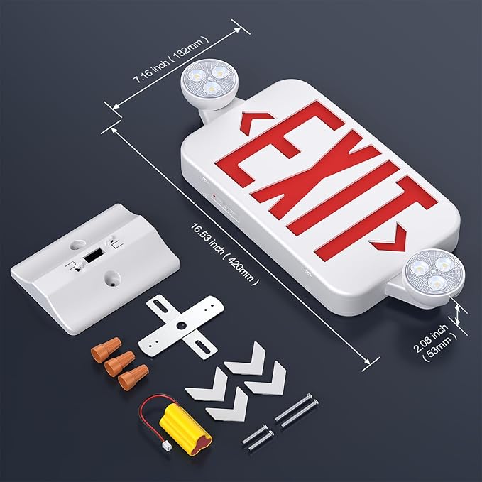 Led Exit Sign Emergency Light Combo Adjustable Two Head,Double Sided and Battery Backup Exit Light,Red Letter Hardwired Emergency Exit Sign,AC 120/277V,UL Listed,Ceiling&Wall Mount (1 Pack)