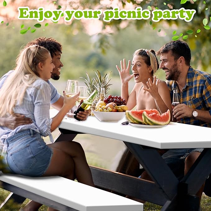 3 Pcs Picnic Table and Bench Fitted Tablecloth Cover for 6 Ft Table 30 x 72 Inch Vinyl Fitted Elastic Edges Waterproof Wipeable Tablecloth for Indoor Outdoor Travel Picnics Patio Camping (White)