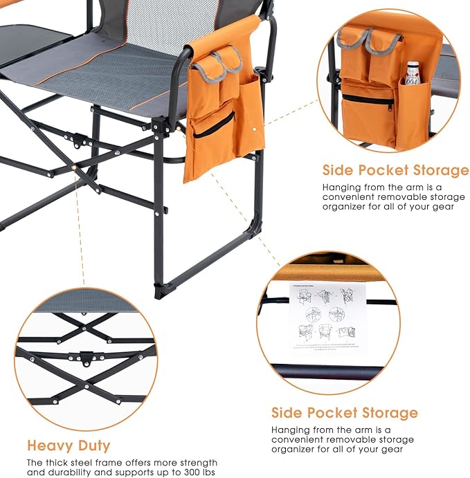 Wide Folding Director Chair with Table, Outdoor Camping Chair for Adults with Cup Holder Load 330 Lbs, Portable Lightweight Chair for Outside with Carry Bag for Patio, Orange-2Pack