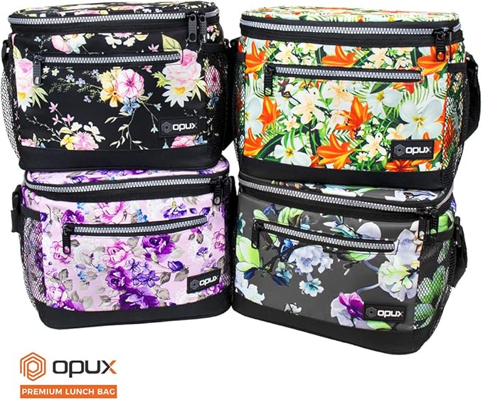 opux Insulated Lunch Box Men Women, Lunch Bag for Work School, Leakproof Soft Cooler Tote Adult, Large Lunch Pail Kids Boys Girls, Picnic Beach Food Bag with Shoulder Strap, Purple Floral