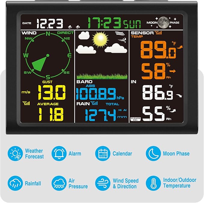 Sainlogic Wireless Weather Station with Outdoor Sensor, 8-in-1 Weather Station with Weather Forecast, Temperature, Air Pressure, Humidity, Wind Gauge, Rain Gauge, Moon Phrase, Alarm Clock (No WiFi)