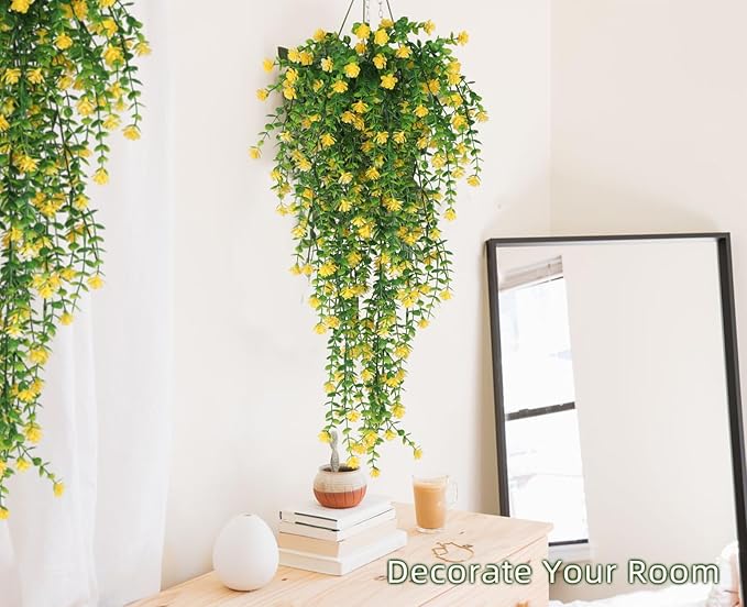 RECUTMS Outdoor Fake Hanging Plants,Hanging Plant Vine,Faux Eucalyptus Leafs Greenery Vine Plant Faux Plants Fake Plants Greenery for Jungle Theme Party Wedding Decoration(Yellow)