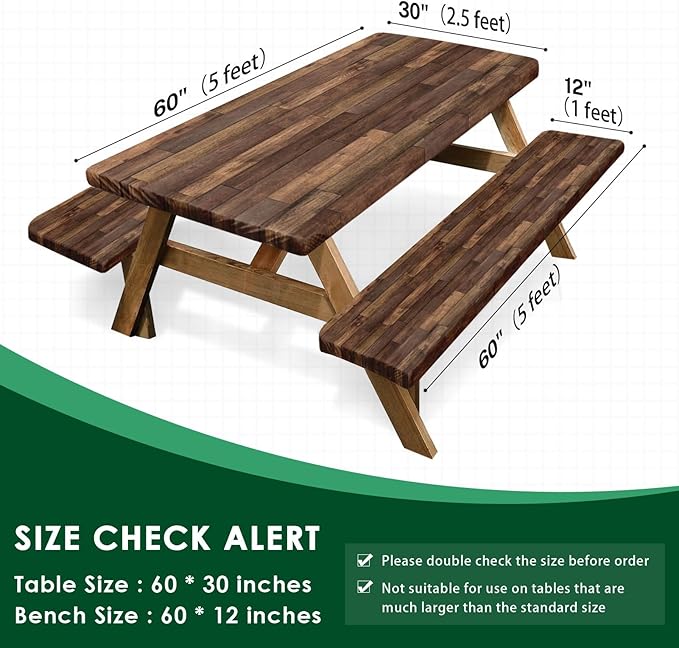 Picnic Table Cover with Bench Covers Elastic Edges, Brown Wood Fitted Table Cover, Outdoor Patio Camping Essentials 60 Inch 3PCS, Waterproof Camping Fitted Tablecloth with Drawstring Bag