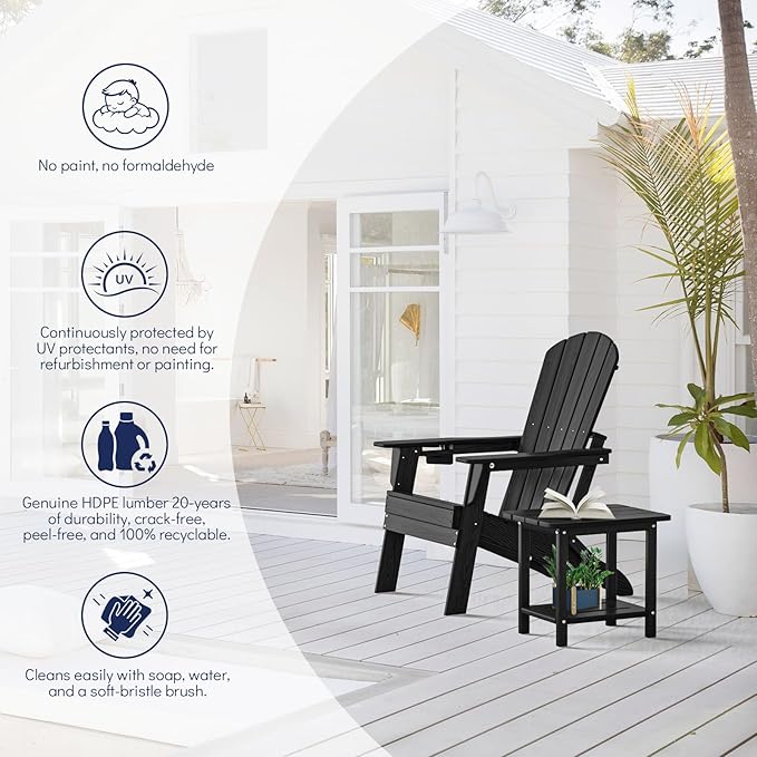 Folding Adirondack Chair Set of 4, Cup Holder,Wooden Textured ,Heavy All-Weather HDPE Comfortable Set Poolside Backyard Lawn Black
