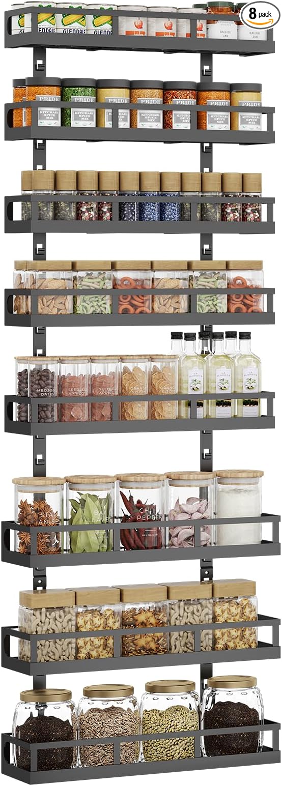 X-cosrack 8-Tier Adjustable Spice Rack โ Wall-Mounted Space-Saving Organizer with Mixed Baskets, Large-Capacity Seasoning Holder for Kitchen & Pantry (Black)