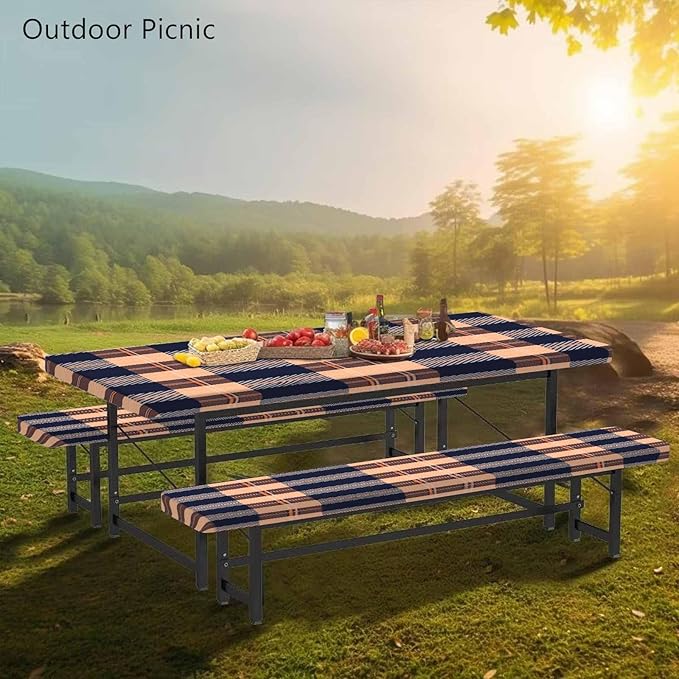 CAPSCEOLL Elastic Picnic Table Cover with Bench Covers 5Ft Waterproof Fitted Picnic Table Cover Cloths for Outdoors Camping Tablecloth with Drawstring Bag, 60X30in, Autumn Plaid