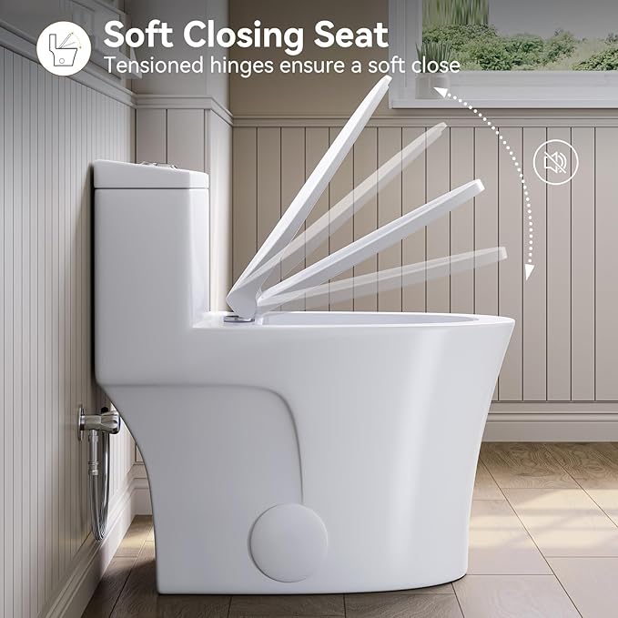 HOROW T0338WM Elongated One Piece Toilet Matte White, ADA Toilet 17.3" with Comfort Chair Height Seat, 0.8/1.28 GPF Powerful Dual Flush Toilet for Bathroom, MAP 1000g, 12" Rough-in Skirted Toilet Bowl