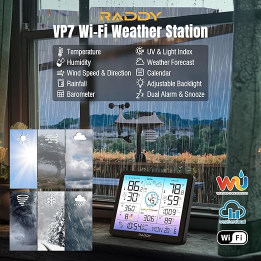 Raddy VP7 Wi-Fi Weather Station, 15-in-1 Wireless Weather Station Indoor Outdoor with Rain Gauge, Wind Speed, Temperature Humidity Monitor, Weather Forecast and Barometer, 7.4'' Digital Color Display