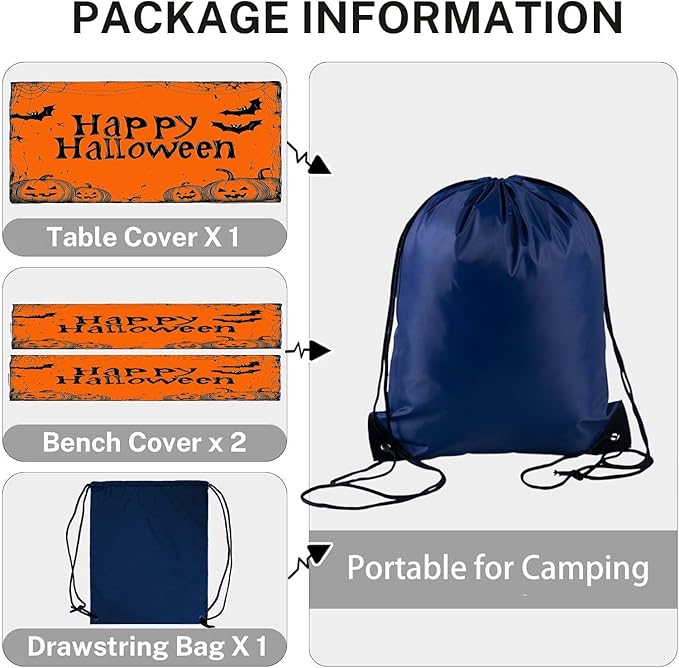 CAPSCEOLL Fitted Picnic Table Cover with Bench Covers with Elastic 8Ft Waterproof Picnic Table Cloths Windproof Outdoor Camping Tablecloth with Drawstring Bag, 96X30in, Happy Halloween