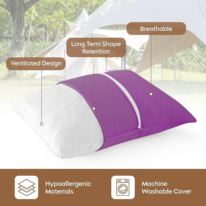 Small Shredded Memory Foam Pillow, Camping Pillow Travel Pillow - Compressible Medium Firm, Breathable Cover, Ideal Backpacking Hiking, Airplane and Car (Purple, S)