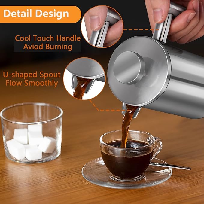 French Press Coffee Maker 34oz, Double-Wall Insulated French Press Stainless Steel 1L for travel camping, Included 2 Extra Screens and 1 Coffee Spoon (6-8cup 1000ml)