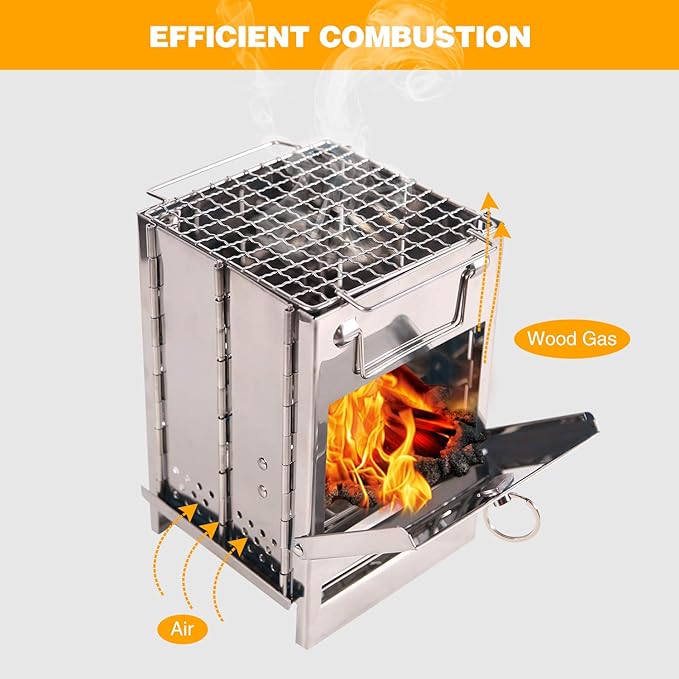 Portable Folding Camping Wood Stove for Outdoor Cooking, Sturdy Lightweight 304 Stainless Steel Wood Burning Camp Stove with Grill for Backpacking BBQ Small/Large (Small)