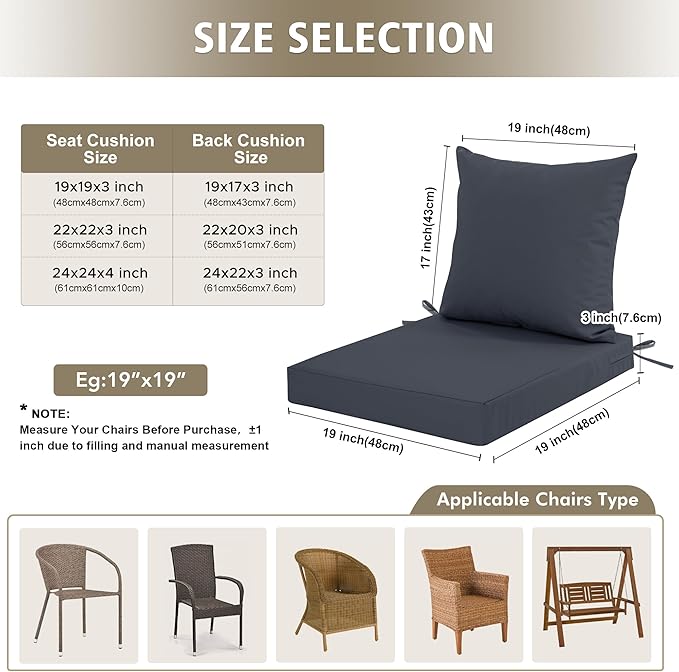 Outdoor Cushions for Patio Furniture, Waterproof Outdoor Chair Cushion w/Fade-Resistant, Removable & Machine-Washable Cover, 22x22 Inch, Deep Seat Sofa/Couch Pad Replacement – Set of 4, Dark Grey