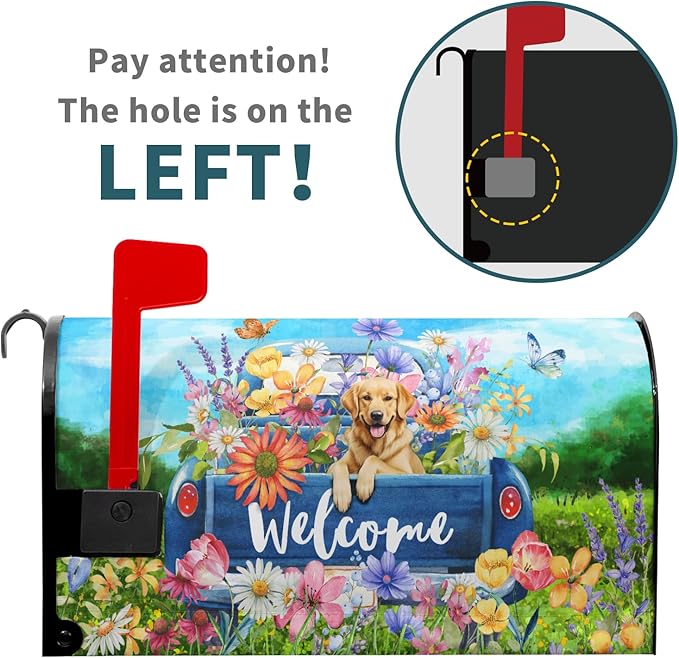 Spring Truck Mailbox Cover Magnetic Welcome Flower Cute Golden Retriever Dog Letter Box Blue Pickup Colorful Flower Butterfly Decorative Waterproof Post Box Covers For Garden Yard Outside