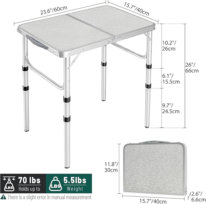 RedSwing Small Folding Table 2 Feet, Small Foldable Table Adjustable Height, Lightweight Portable Aluminum Camping Table, 3 Heights, 23in x 15 in x 10 in
