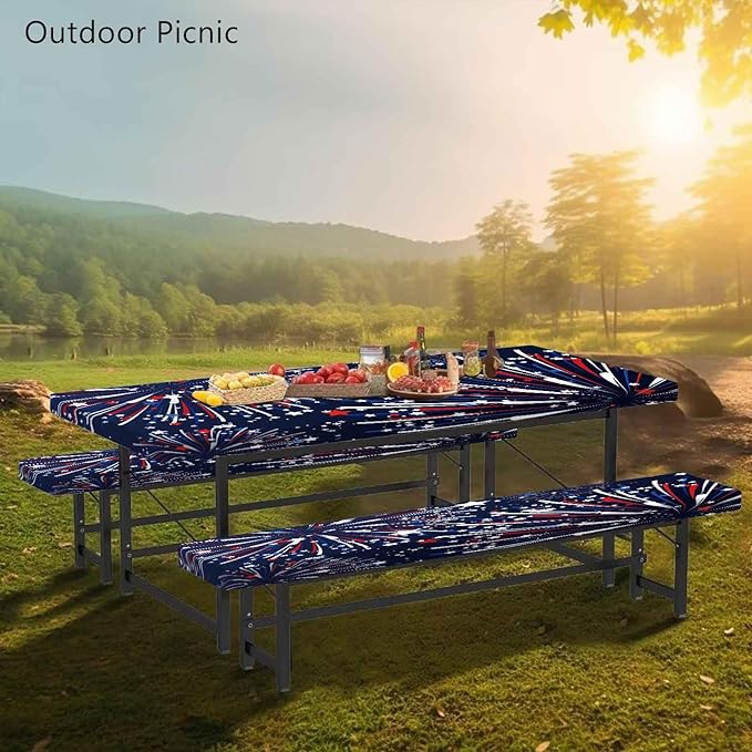 CAPSCEOLL Picnic Table Cover with Bench Covers 8Ft 4Th of July Waterproof Camping Tablecloth All-Weather Outdoor Table Protector with Drawstring Bag for Camping Essentials, 96X30In, Fireworks