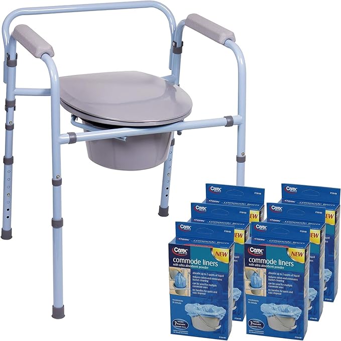 Carex 3-in-1 Folding Bedside Commode with 42 Pack Commode Liners - Porta Potty for Adults - Portable Toilet for Camping, Supports Up to 300lbs, Bedside Commodes for Seniors and Commode Chair