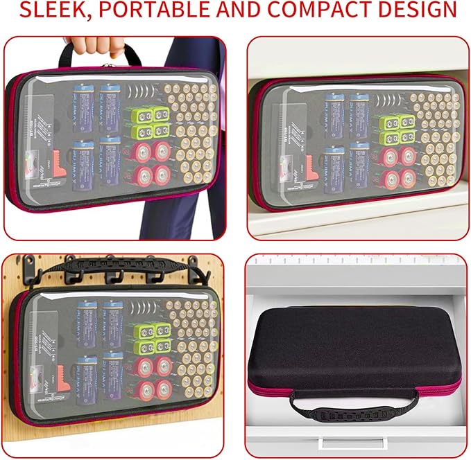 Battery Organizer Storage Case with Tester,Clear Batteries Storage Organizers Holds, Just The Right Size Slot with stable handle,Holds 57 Batteries Various Sizes(Batteries are Not Included)(Red)
