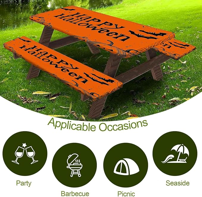 CAPSCEOLL Fitted Picnic Table Cover with Bench Covers with Elastic 8Ft Waterproof Picnic Table Cloths Windproof Outdoor Camping Tablecloth with Drawstring Bag, 96X30in, Happy Halloween