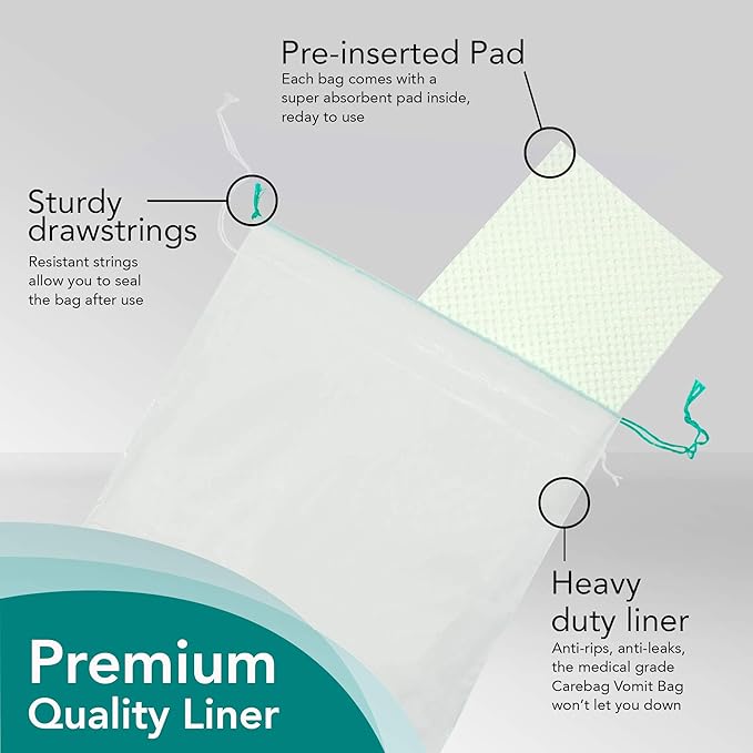 The Original Carebag Emesis Bag with Super Absorbent Pouch- Absorbs 16 oz, No More Leaks and Splashes- Single Use- Reduces Odors- Easy Disposal, 60 Count (3 Boxes of 20)