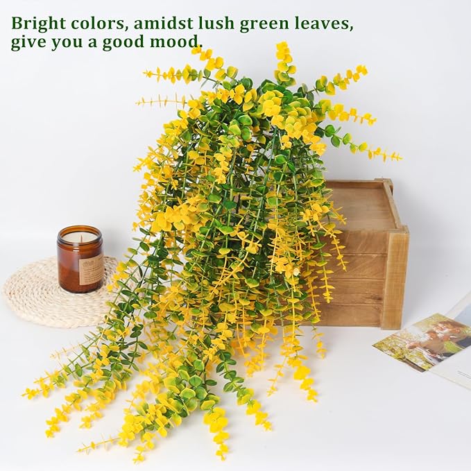 RECUTMS Artificial Plants Hanging Outdoor Fake Plants Hanging Vines Faux Eucalyptus Leaves Greenery Vines Fake Vines Plants for Room Wall Decor Garden Outdoor Wedding Courtyard Decoration(Yellow)