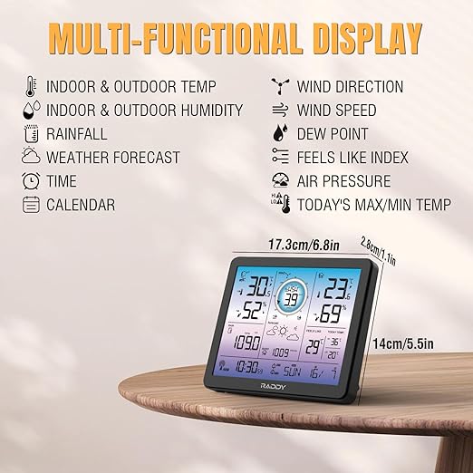 Raddy VP7 5-in-1 Weather Station Wireless for Indoor Outdoor | 7.4" Large Digital Color Display, with Barometer, Rain Gauge, Wind Speed, Atomic Clock, Weather Forecast, Temperature Humidity Monitor