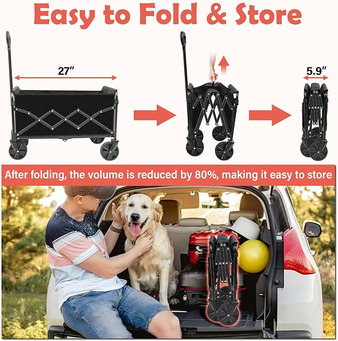 Wagons Carts Foldable, 360 Lbs with Adjustable Handle, Black Lightweight Portable, Collapsible Wagon for Beach Trip, Camping, Shopping, Sports, Travel, Picnic and Grocery with 2 Drink Holders