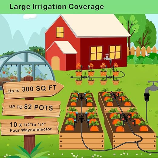 247FT Drip Irrigation Kit โ 2025 New Quick-Connect Micro Irrigation System with 1/4'' 1/2'' Tubing, Locking Nozzle Emitters, Adjustable Misting Sprayers for Gardens, Lawns,Raised Beds and Greenhouses
