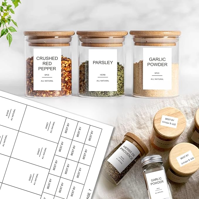191 Spice Jar Labels Preprinted Minimalist Stickers - White Waterproof Label - Fit Round or Rectangle Spice Jars - Herb Seasoning Kitchen Pantry Labels