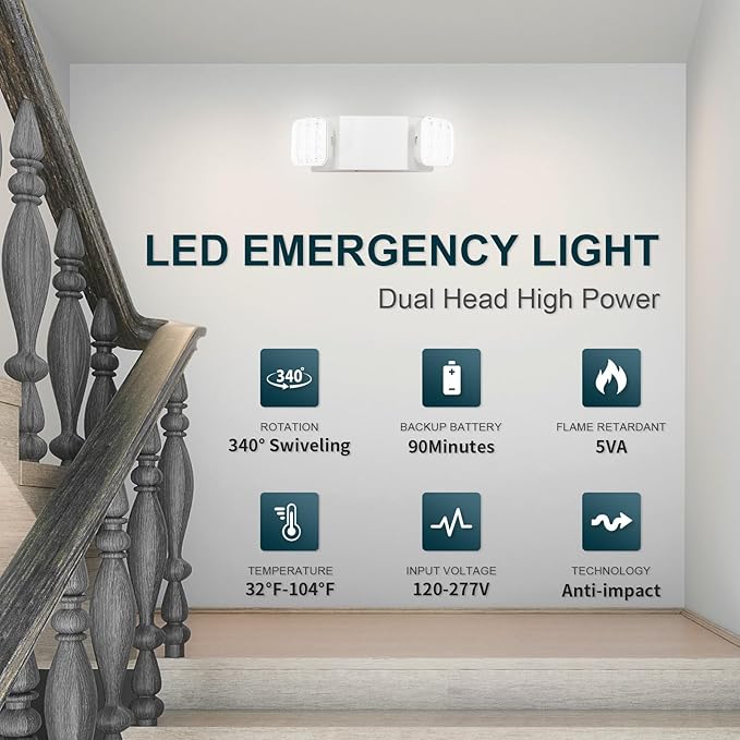 Emergency Light with Backup Battery, Two Head Adjustable Commercial Emergency Lights For Home Power Failure, UL Listed, 5VA Flame Retardant,AC 120/277V, Hardwired Emergency Lights For Business