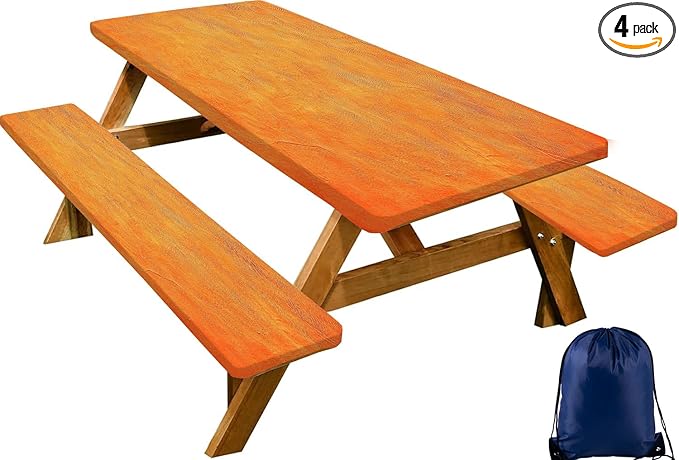 CAPSCEOLL Fitted Picnic Table Cover with Bench Covers with Elastic 8Ft Waterproof Camping Picnic Table Cover Cloths for Outdoors Camping Tablecloth with Drawstring Bag, 96X30in, Burnt Orange