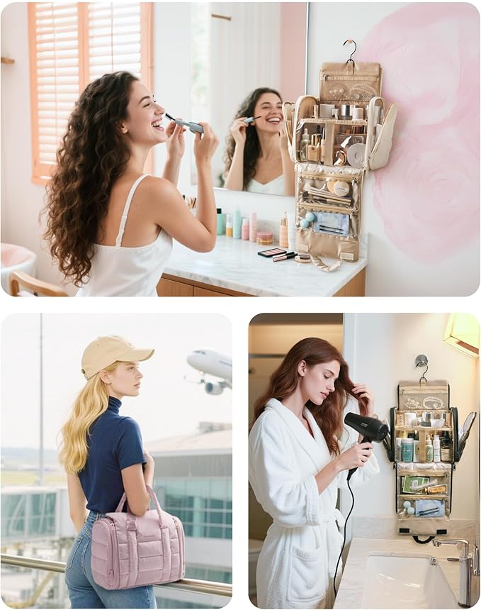 BAGSMART Puffy Travel Makeup Bag, Portable Hanging Toiletry Organizer with Removable Partition, Organizer for Travel-Sized Shampoo, Conditioner, Brushes Set, makeup Accessories, Camel