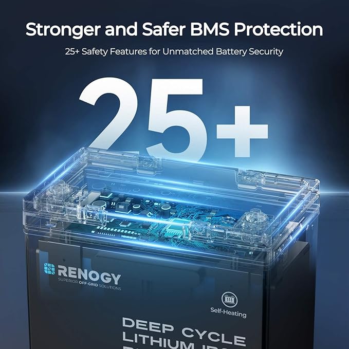 Renogy 12V 100Ah Lithium LiFePO4 Battery Self-Heating w/DuoHeat Tech, Built-in 100A BMS in Mini Size, Deep Cycle Batteries for Icefishing, RVs, Cabins, and Off-Grid Systems