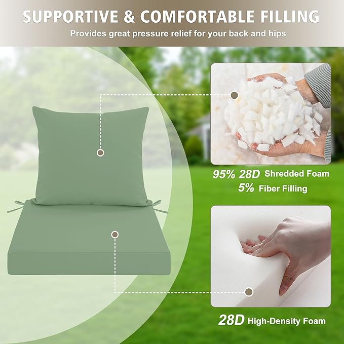 24x24 Inch Outdoor Cushions for Patio Furniture, Waterproof Outdoor Chair Cushions w/Fade-Resistant, Removable & Machine-Washable Covers, Deep Seat Sofa/Couch Pads Replacement, Sage Green