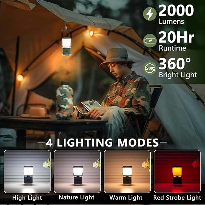 Portable Camping Lantern Rechargeable -4inch, 2000LM LED Camping Lights Lantern with Redlight&20Hours Runtime& Stepless Dimming, Hurricane Emergency Lights for Power Outages, Waterproof Camping Lamp