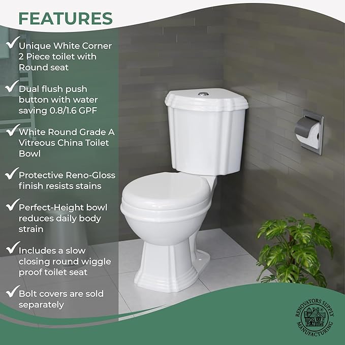 Renovators Supply Sheffield Corner 2-Piece Round Toilet 12", WaterSense Dual Flush, White Toilet With Slow Close Seat