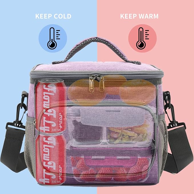 FlowFly Insulated Reusable Lunch Bag Adult Large Lunch Box for Women and Men with Adjustable Shoulder Strap,Front Zipper Pocket and Dual Large Mesh Side Pockets,Purple