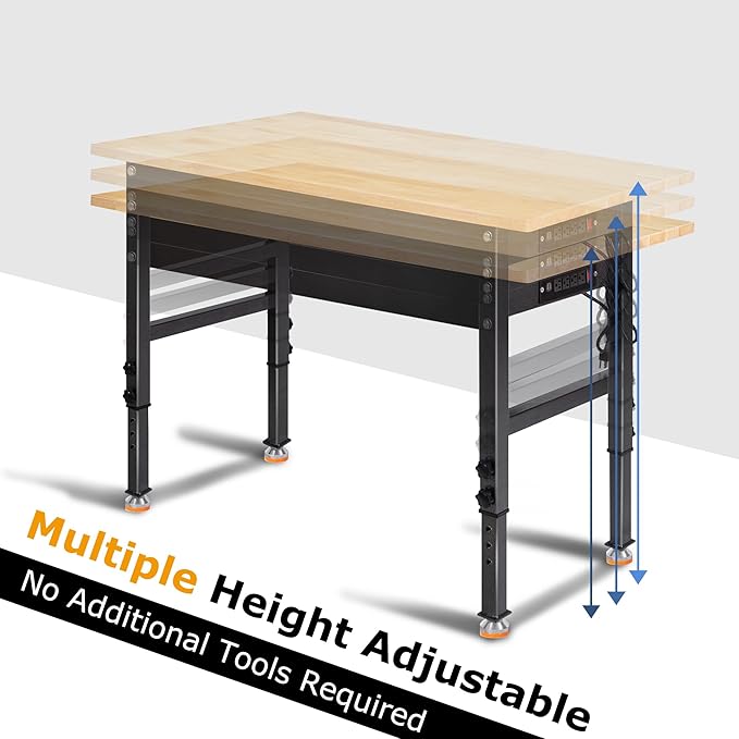 48" Adjustable Work Bench, Rubber Wood Top Workbench Heavy-Duty Work Table with Power Outlet, 2000 LBS Load Capacity Hardwood Work Benches for Garage, Workshop, Home, Office, Easy Assembly