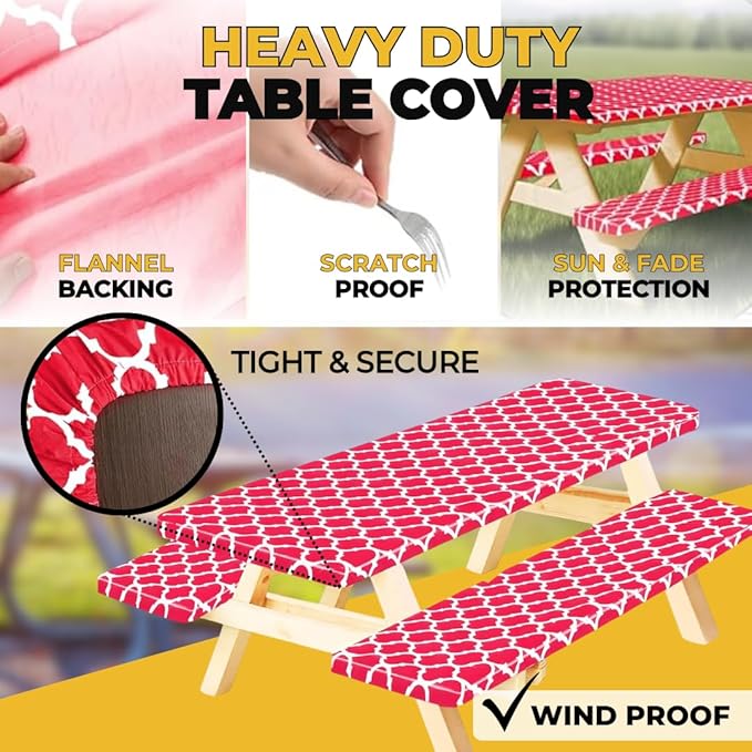 RNOONY Fitted Picnic Table Cover with Bench Covers and Bag, 6ft Outdoor Waterproof Windproof Picnic Tablecloth with Elastic Edges. Camping RV Gear Must Have 72x30 Inches 3 Pcs Set (Red Moroccan)