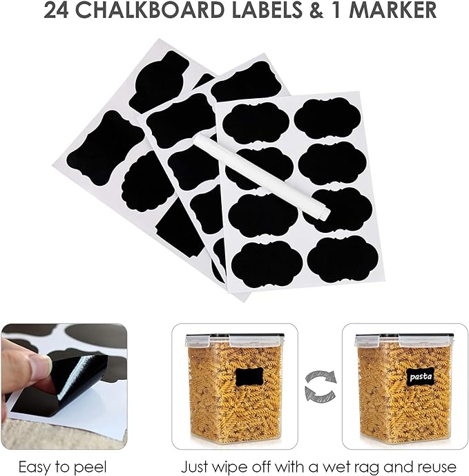 Vtopmart 4 PCS Large Food Storage Containers 5.2L / 175oz, 4 Pieces BPA Free Plastic Airtight Canisters for Flour, Sugar, Baking Supplies, Rice with Lids, 4 Measuring Cups and 24 Labels, Black