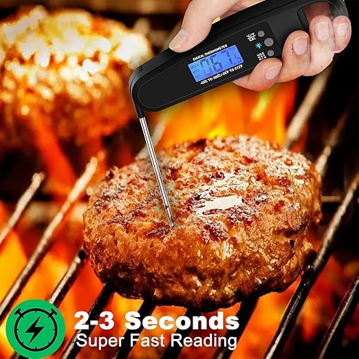 Instant Read Meat Thermometer for Kitchen Cooking, Ultra Fast Precise Waterproof Digital Food Thermometer with Backlight, Magnet and Foldable Probe for Deep Fry, Outdoor BBQ, Grill(Black)