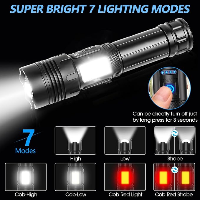 Flashlights High Lumens 2 Pack, Rechargeable Flashlight Super Bright Flash Light with Red Light,COB Work Light,IPX6 Waterproof Powerful Flashlight for Home Camping Disaster (2)