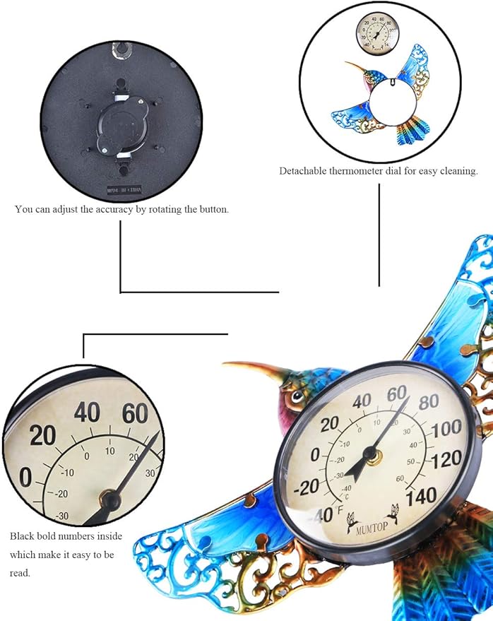 MUMTOP Indoor Outdoor Thermometer Hummingbird Waterproof Wall Mounted Thermometer for Patio, Yard, Garden