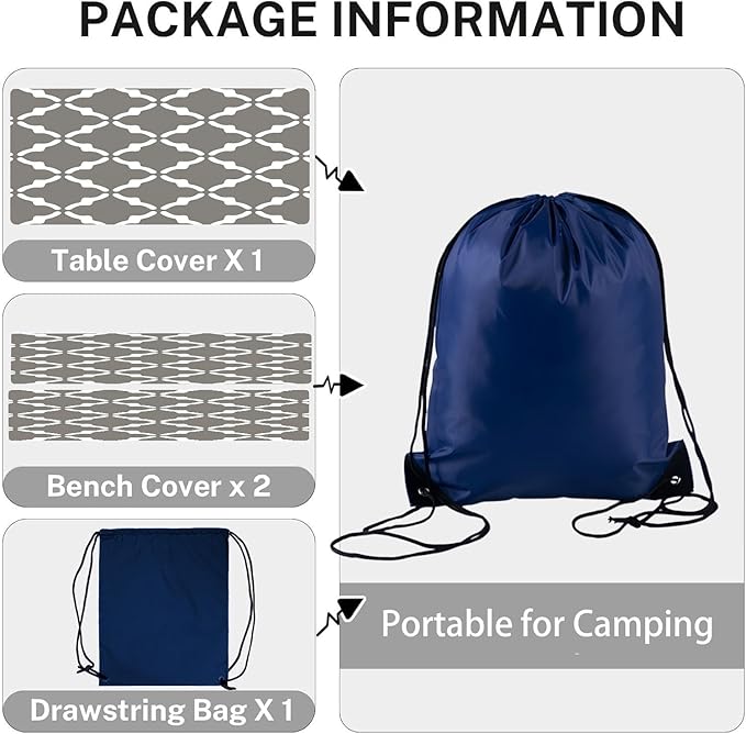 CAPSCEOLL Elastic Picnic Table Cover with Bench Covers 5Ft Waterproof Fitted Picnic Table Cover Cloths for Outdoors Camping Tablecloth with Drawstring Bag, 60X30in, White Grey