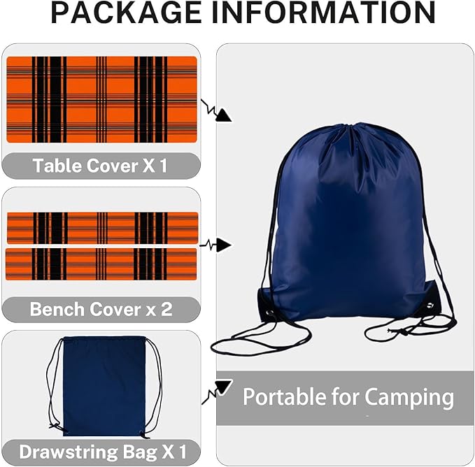 CAPSCEOLL Fitted Picnic Table Cover with Bench Covers with Elastic 6Ft Waterproof Camping Picnic Table Cover Cloths for Outdoors Camping Tablecloth with Drawstring Bag, 72X30in, Orange Plaid