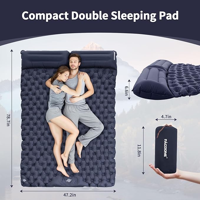 Camping Double Sleeping Pad,Ultralight Self Inflating Sleeping Mat for 2 Person with Pillow Built-in Foot Pump,Portable Camping Air Mat for Backpacking, Hiking, Traveling, Tent