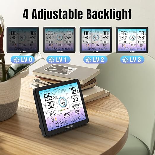 Raddy VP7 Wi-Fi Weather Station, 15-in-1 Wireless Weather Station Indoor Outdoor with Rain Gauge, Wind Speed, Temperature Humidity Monitor, Weather Forecast and Barometer, 7.4'' Digital Color Display