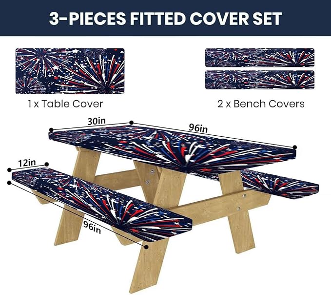 CAPSCEOLL Picnic Table Cover with Bench Covers 8Ft 4Th of July Waterproof Camping Tablecloth All-Weather Outdoor Table Protector with Drawstring Bag for Camping Essentials, 96X30In, Fireworks