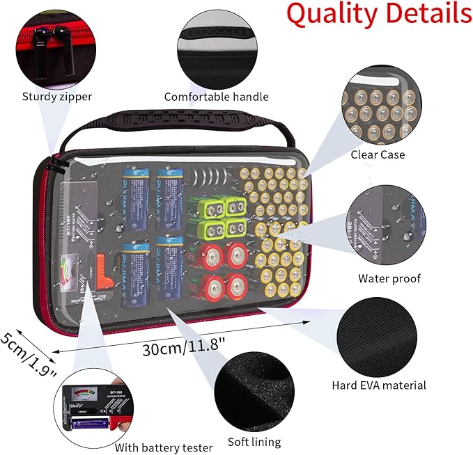 Battery Organizer Storage Case with Tester,Clear Batteries Storage Organizers Holds, Just The Right Size Slot with stable handle,Holds 57 Batteries Various Sizes(Batteries are Not Included)(Red)